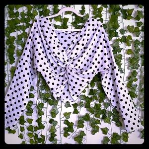 White twist front crop top with black polka dots